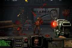 A player in Fallout: Bakersfield, a Doom total conversion mod, shoots at a ghoul that's blowing up into tiny bits.