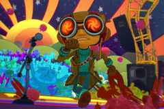 Raz from Psychonauts 2 runs across a psychedelic stage 