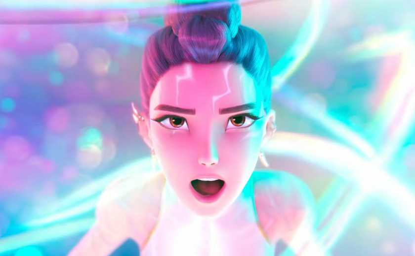 Rumi from KPop Demon Hunters soars into the air, singing and surrounded by swirling blue light