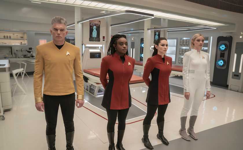 Anson Mount as Capt. Pike, Celia Rose Gooding as Uhura, Christina Chong as Laían and Jess Bush as Chapel have all become Vulcans in season 3 , Episode 8 of Strange New Worlds
